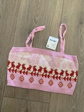 Free People Pink Snow Bunny Rabbit Fair Isle Knit Cropped Top Bralette Small NWT